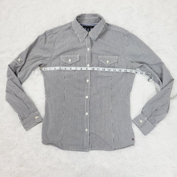 Tommy Hilfiger Womens Striped Button Down Shirt Utility Pocket Roll Tab Sleeve - Picture 4 of 6